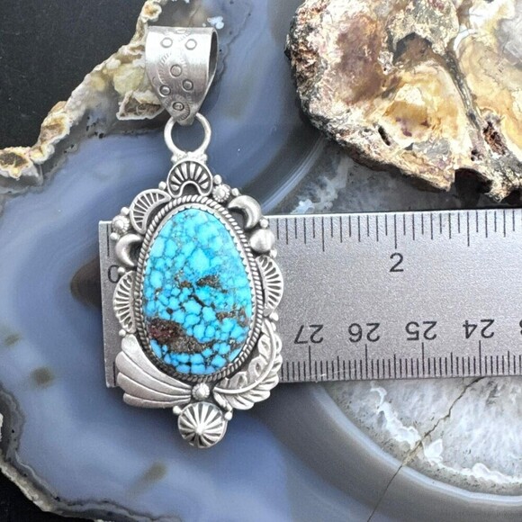 Sterling Southwestern Style Large Egg-shape Kingman Turquoise Pendant For Women - Picture 9 of 10